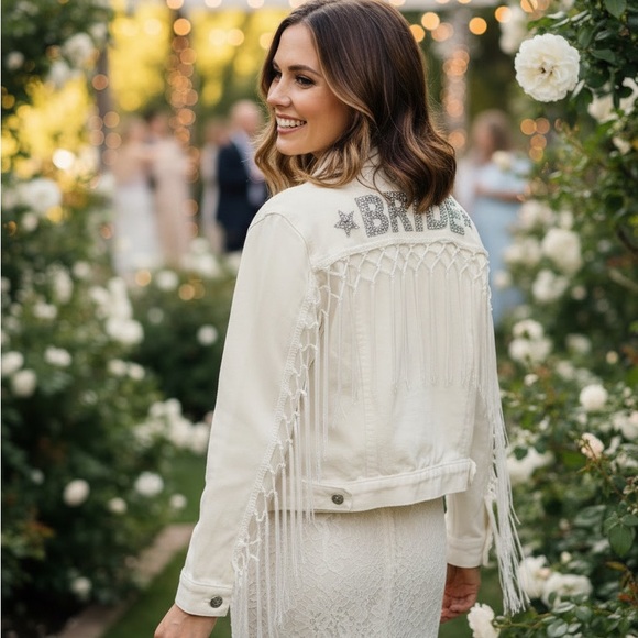 event blossom Jackets & Blazers - Bride Embellished Fringe Denim Jacket